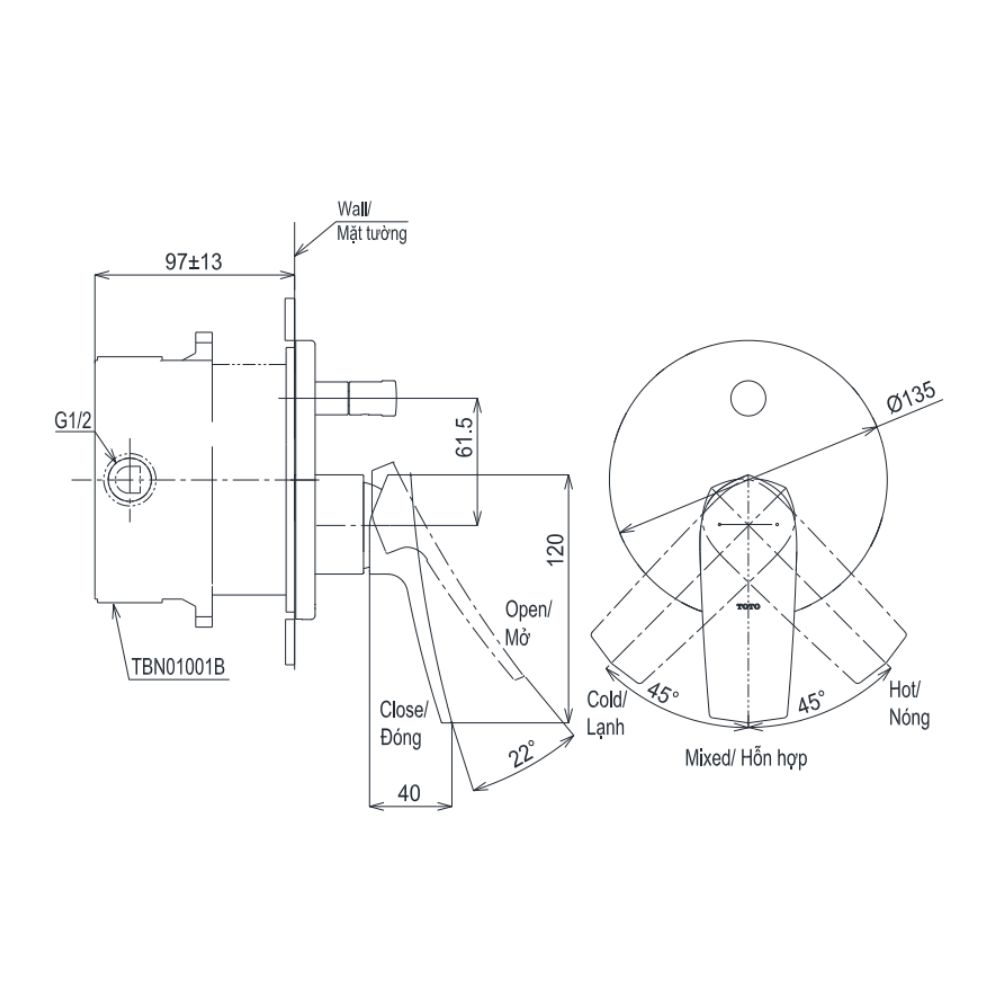 Van gật gù TOTO TBG163D0A/TBN01001B điều chỉnh nóng lạnh kèm nút chuyển hướng và phụ kiện âm tường