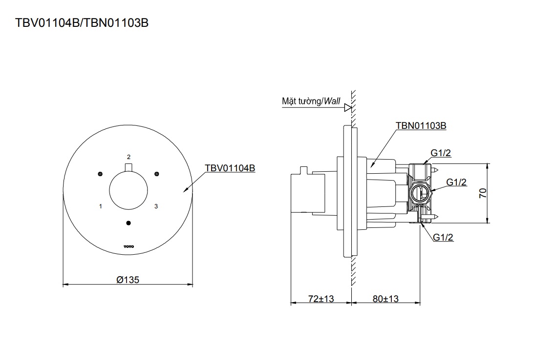 Van chuyển hướng 3 đường nước TOTO TBV01104B kèm phụ kiện âm tường TBN01103B