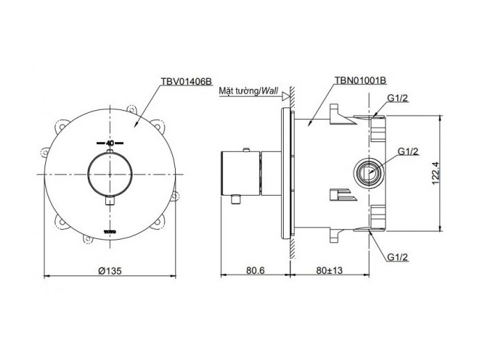 Van điều chỉnh nhiệt độ TOTO TBV01406B kèm phụ kiện âm tường TBN01001B