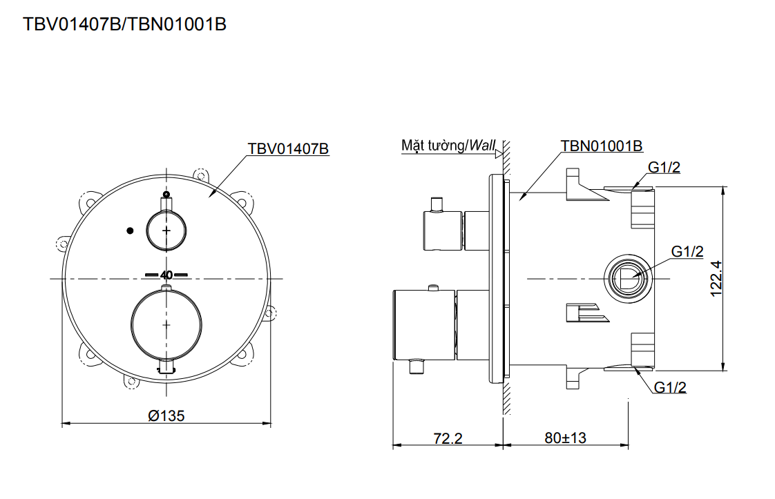 Van điều chỉnh nhiệt độ kèm van dừng và phụ kiện âm tường TOTO TBV01407B TBN01001B