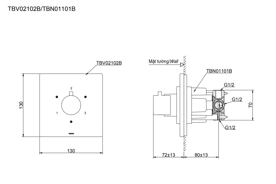 Van chuyển hướng 3 đường nước TOTO TBV02102B kèm phụ kiện âm tường TBN01101B