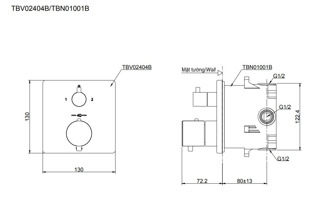 Van điều chỉnh nhiệt độ kèm van chuyển hướng (2đn) TOTO TBV02404B kèm phụ kiện âm tường TBN01001B