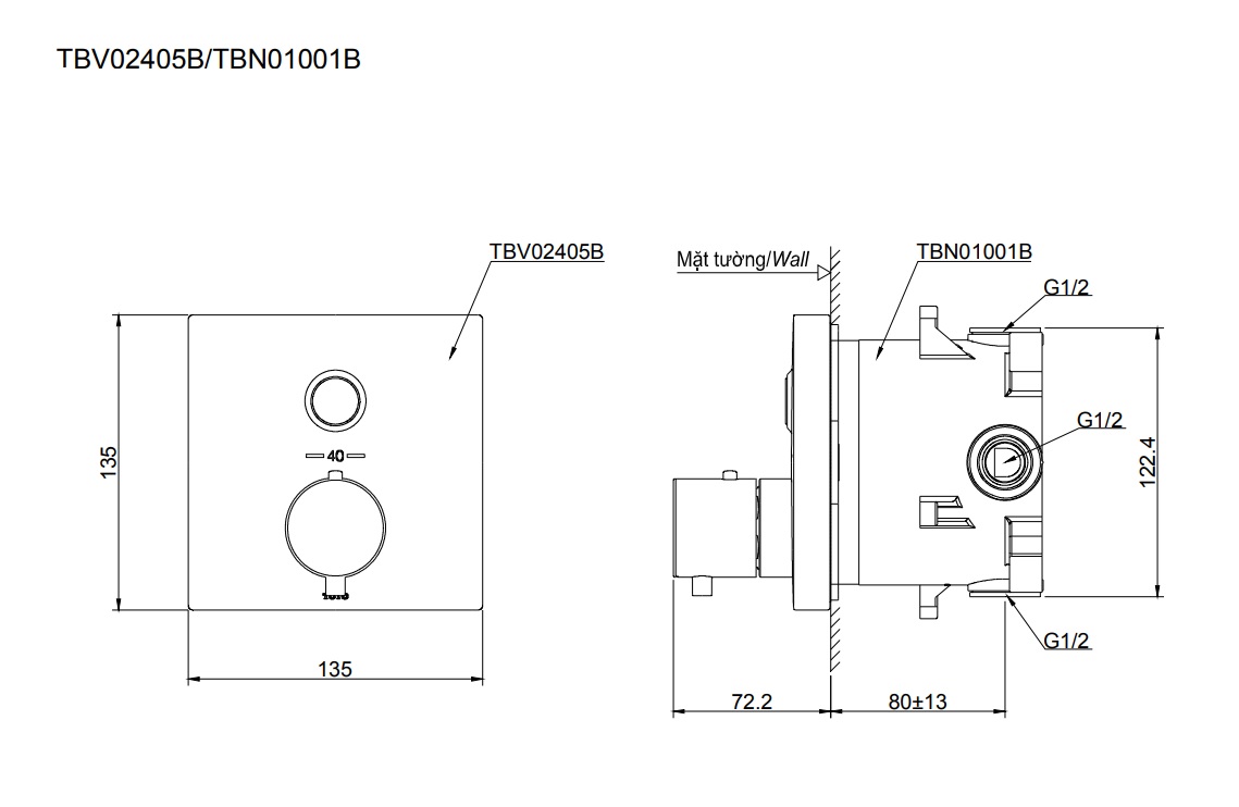 Van điều chỉnh nhiệt độ kèm van dừng TOTO TBV02405B kèm phụ kiện âm tường TBN01001B