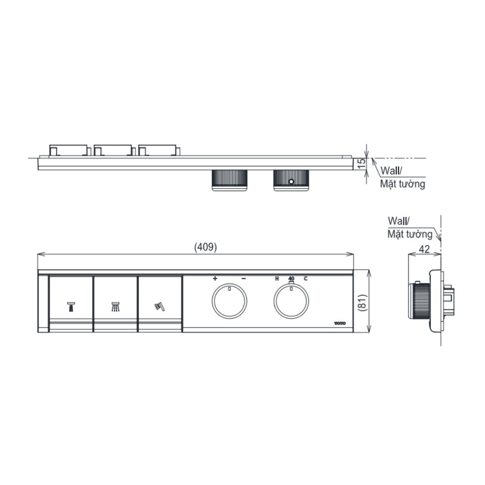 Bảng điều khiển nhiệt độ kèm nút chuyển hướng 3 đường nước TOTO TBV11130A