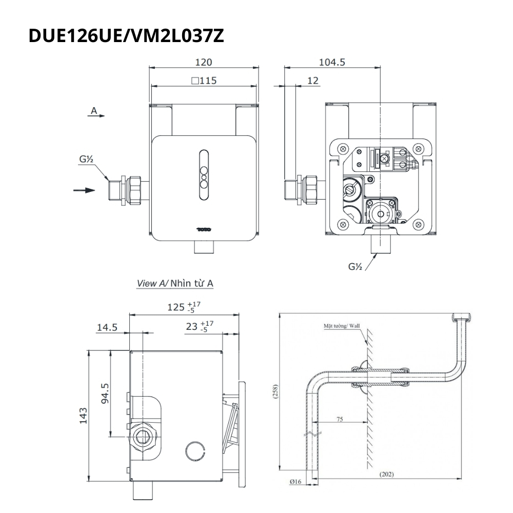 Van xả tiểu TOTO DUE126UE VM2L037Z cảm ứng dùng điện kèm ống nối