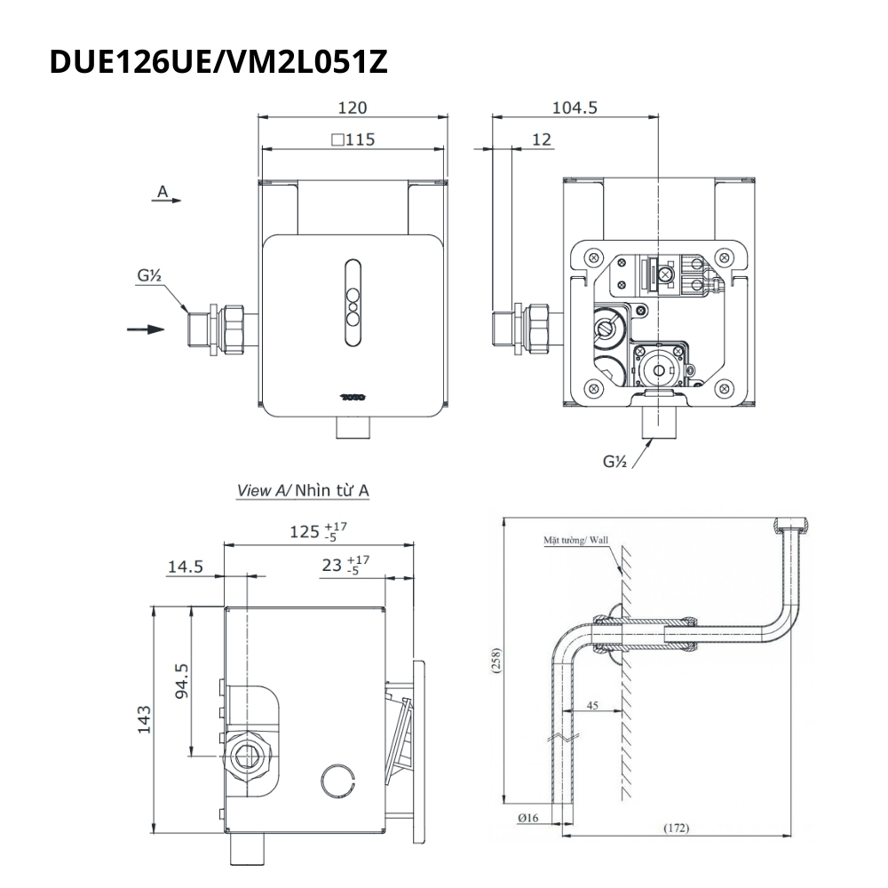 Van xả tiểu TOTO DUE126UEA VM2L051Z cảm ứng dùng điện kèm ống nối