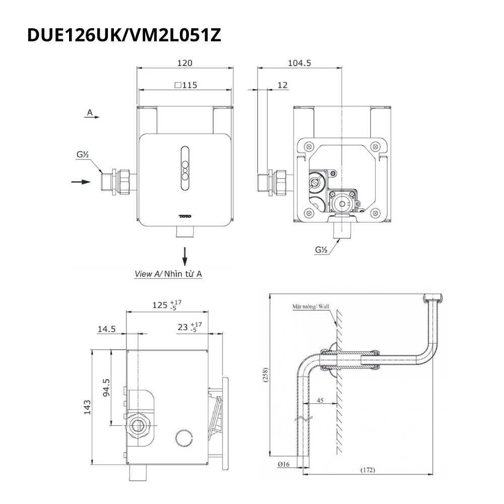 Van xả tiểu TOTO DUE126UKA VM2L051Z cảm ứng dùng pin kèm ống nối