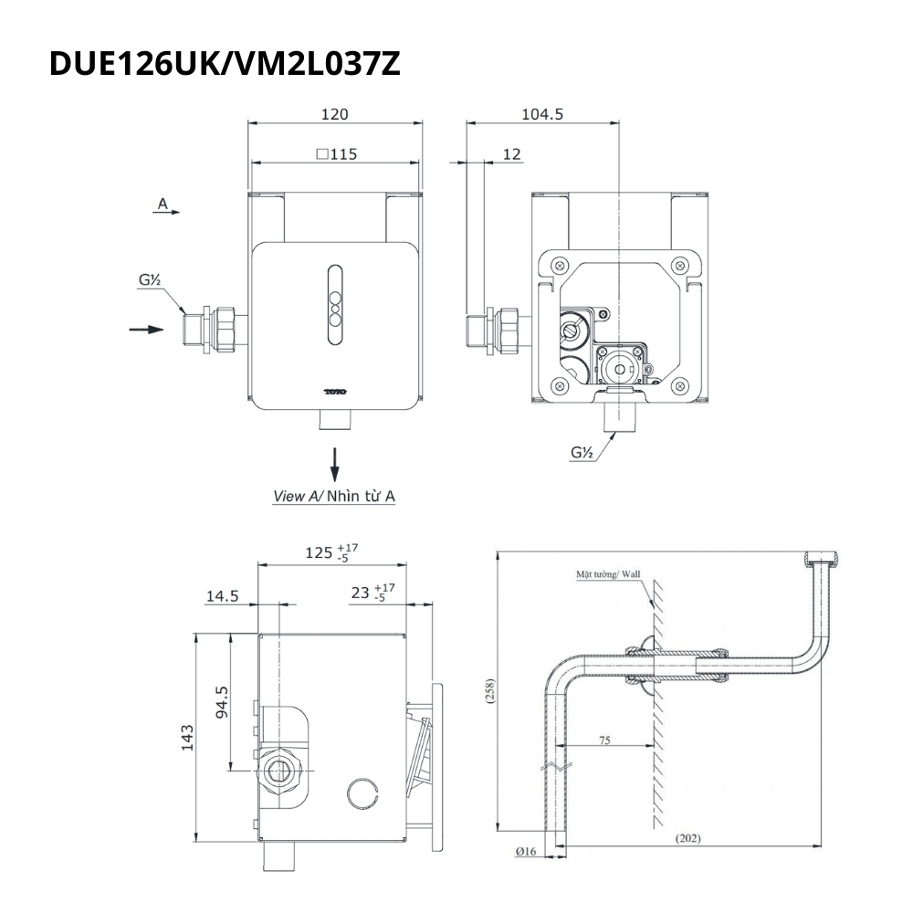 Van xả tiểu TOTO DUE126UKA VM2L037Z cảm ứng dùng pin kèm ống nối