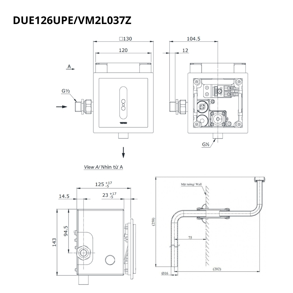 Van xả tiểu TOTO DUE126UPEA VM2L037Zcảm ứng dùng điện kèm ống nối