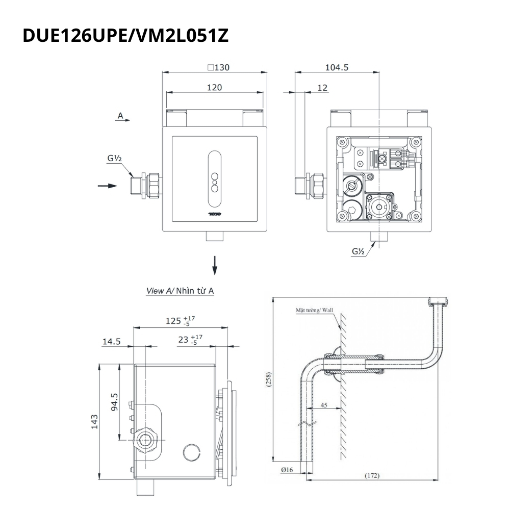 Van xả tiểu TOTO DUE126UPEA VM2L051Z cảm ứng dùng điện kèm ống nối