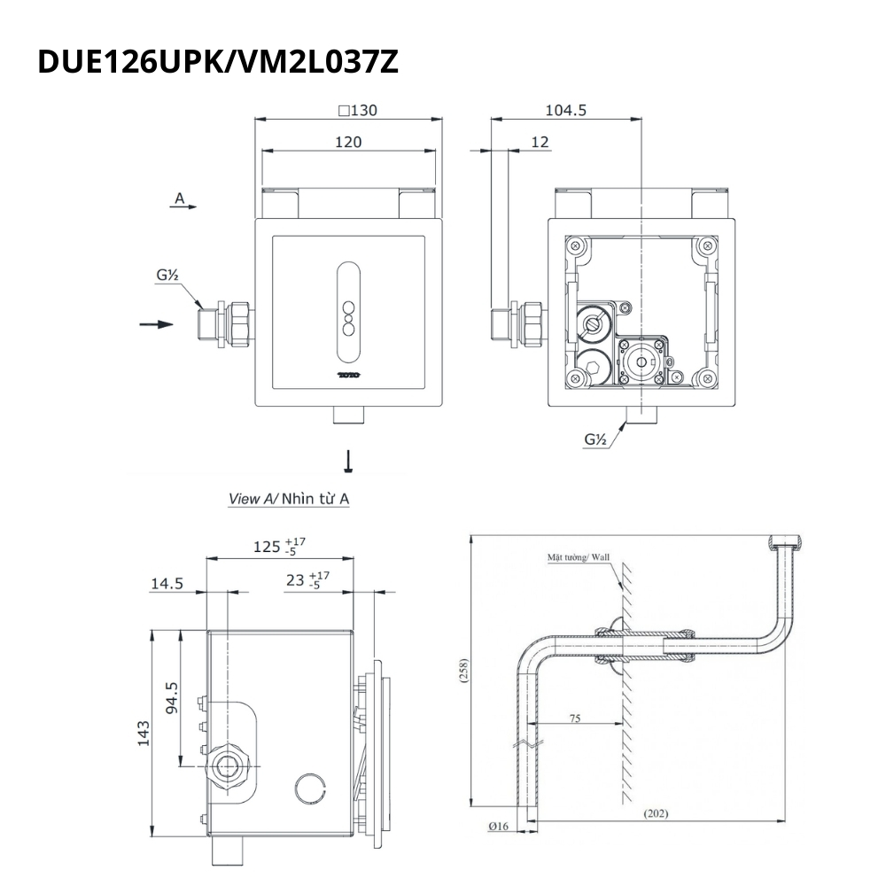 Van xả tiểu TOTO DUE126UPKA VM2L037Z cảm ứng dùng pin kèm ống nối