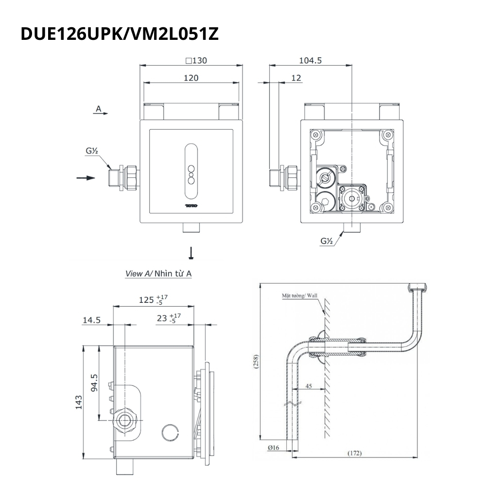 Van xả tiểu TOTO DUE126UPK VM2L051Z cảm ứng dùng pin kèm ống nối