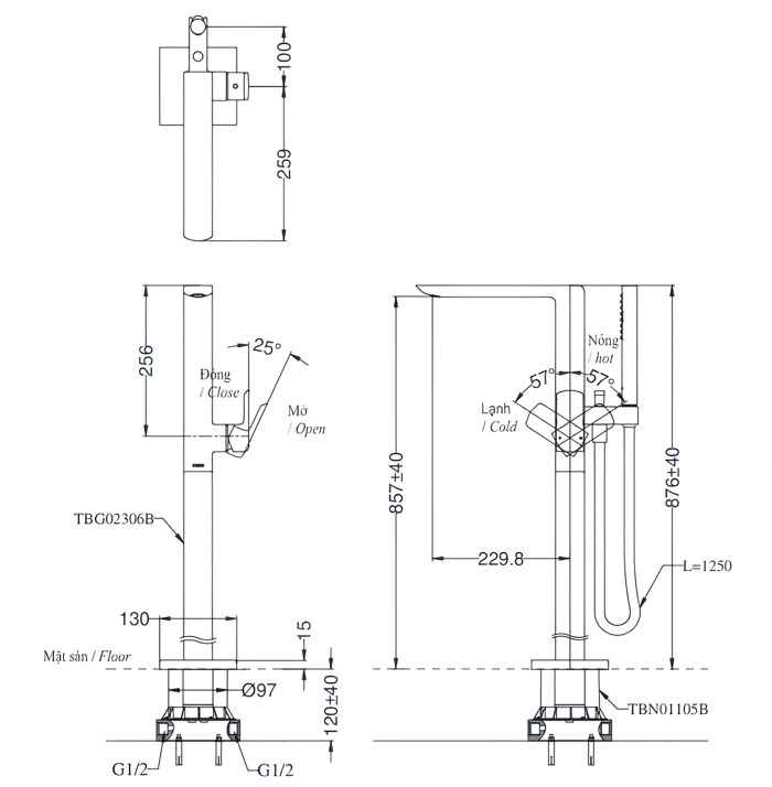 Vòi xả bồn tắm TOTO TBG02306AA đặt sàn nóng lạnh