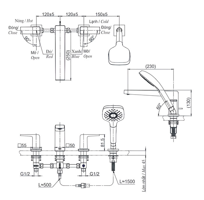 Vòi xả bồn tắm TOTO TBG10202A nóng lạnh kèm tay sen