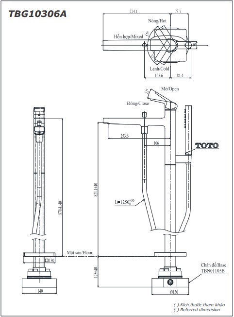 Bản vẽ kỹ thuật của vòi xả bồn tắm nóng lạnh TOTO TBG10306AA