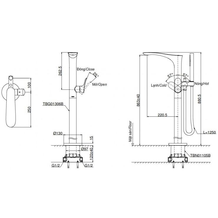Vòi xả bồn tắm TOTO TBG01306BA TBN01105B đặt sàn nóng lạnh (kèm đế)