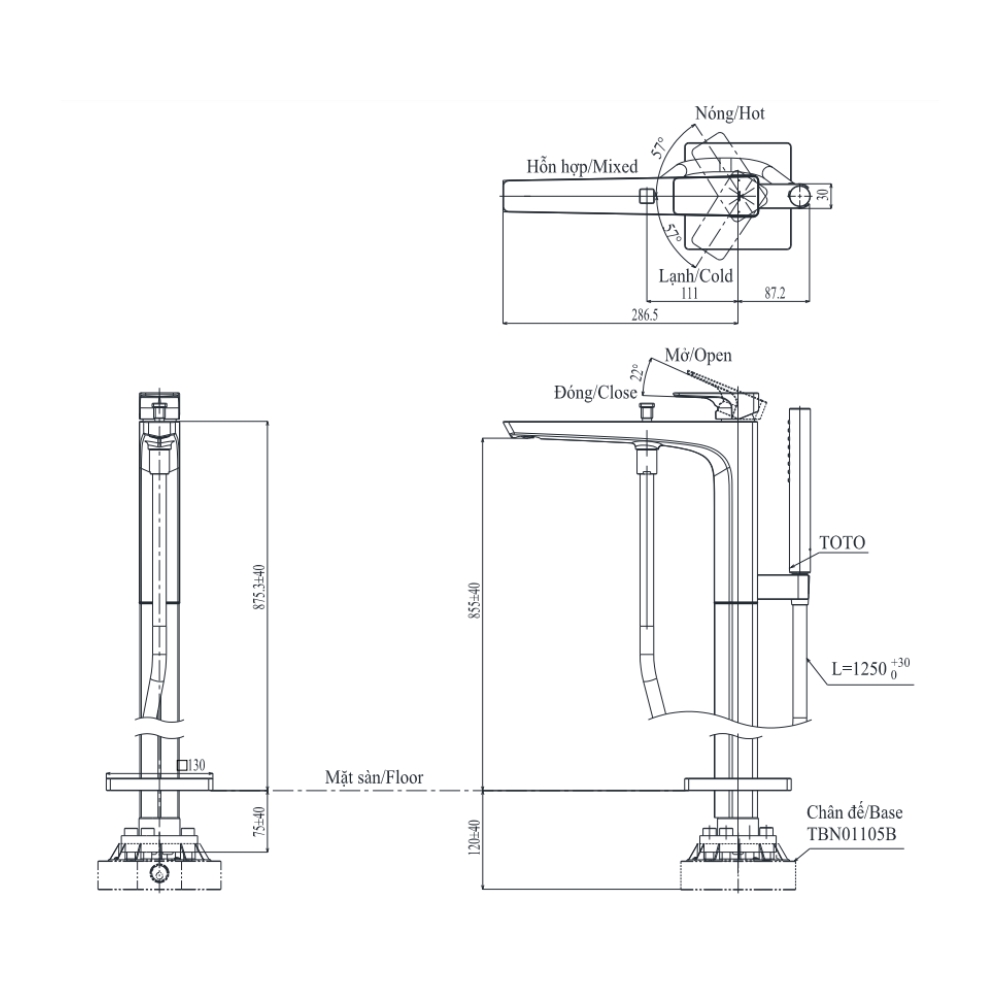 Vòi xả bồn tắm TOTO TBG07306AA TBN01105B đặt sàn nóng lạnh (kèm đế)