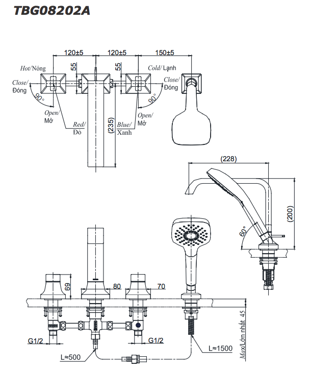 Vòi xả bồn tắm TOTO TBG08202A nóng lạnh kèm tay sen
