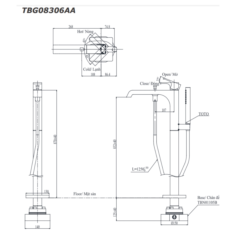 Vòi xả bồn tắm TOTO TBG08306AA đặt sàn nóng lạnh