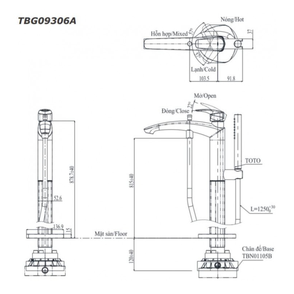Vòi xả bồn tắm TOTO TBG09306AA đặt sàn nóng lạnh