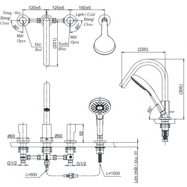 Vòi xả bồn tắm TOTO TBG11202A nóng lạnh kèm tay sen