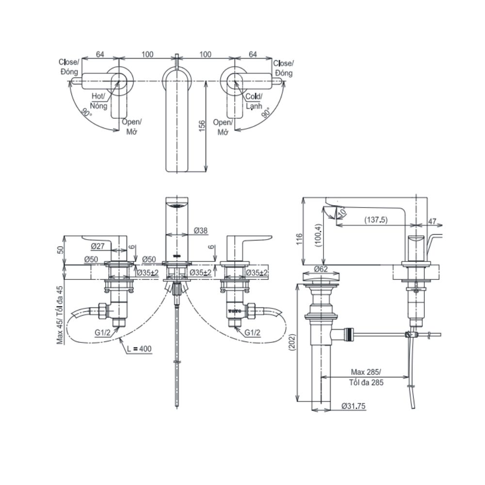 Vòi xả bồn tắm TOTO TBG13201A nóng lạnh