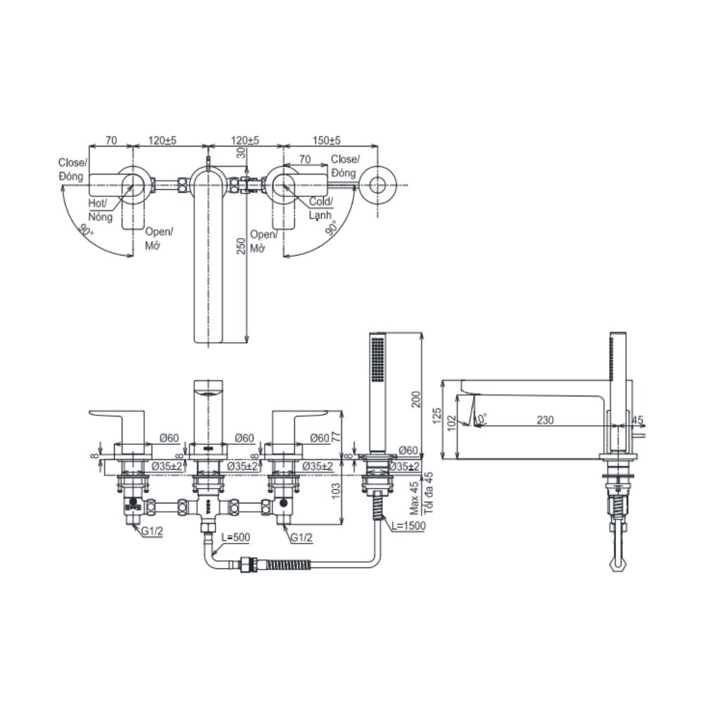 Vòi xả bồn tắm TOTO TBG13202A nóng lạnh kèm tay sen