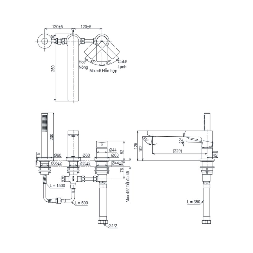 Vòi xả bồn tắm TOTO TBG13305A nóng lạnh kèm tay sen