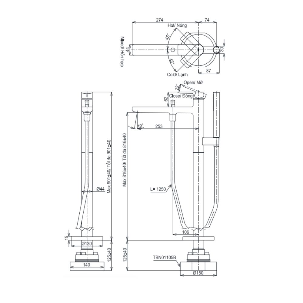 Vòi xả bồn tắm TOTO TBG13306A TBN01105B đặt sàn nóng lạnh (kèm đế)