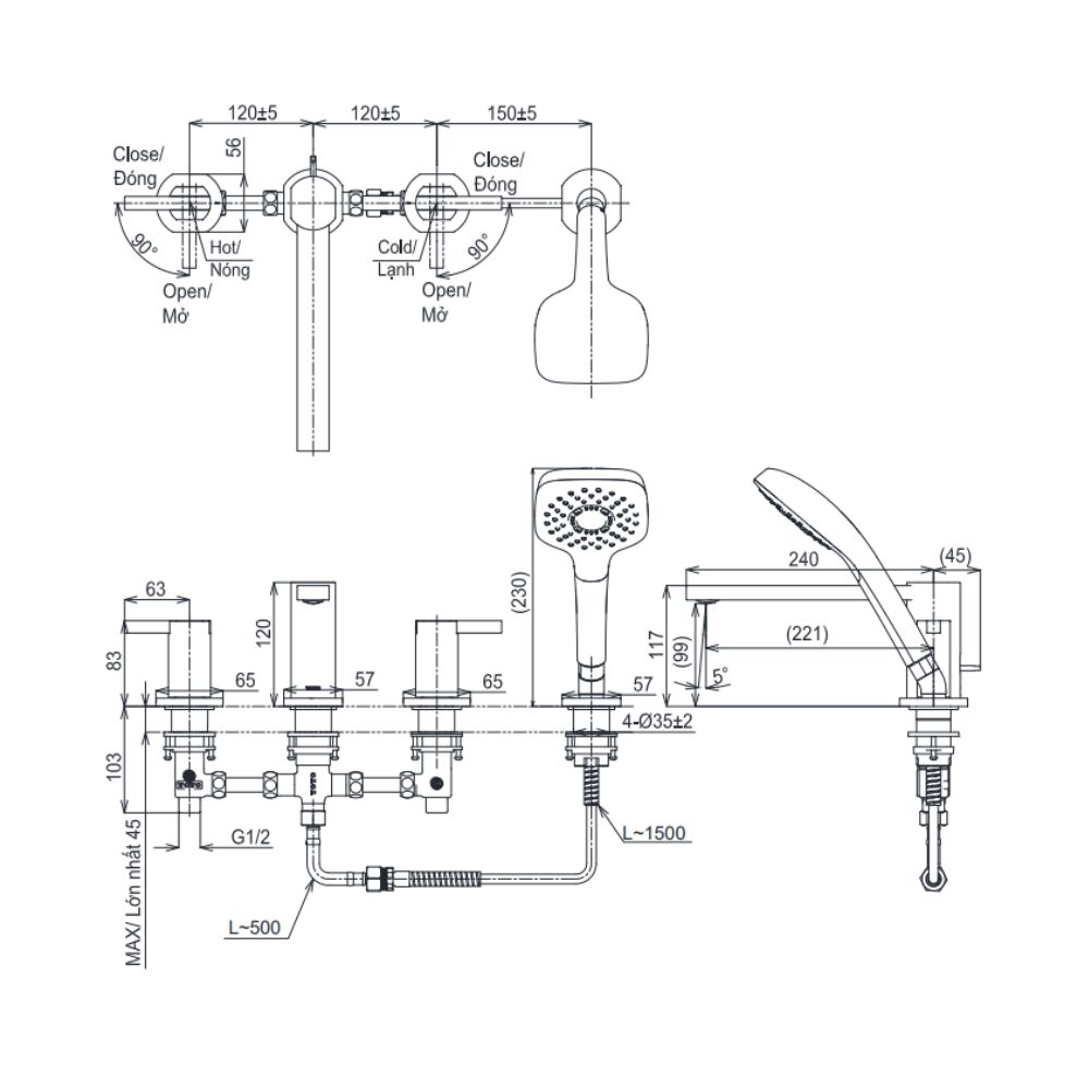 Vòi xả bồn tắm TOTO TBG152G0A nóng lạnh kèm tay sen