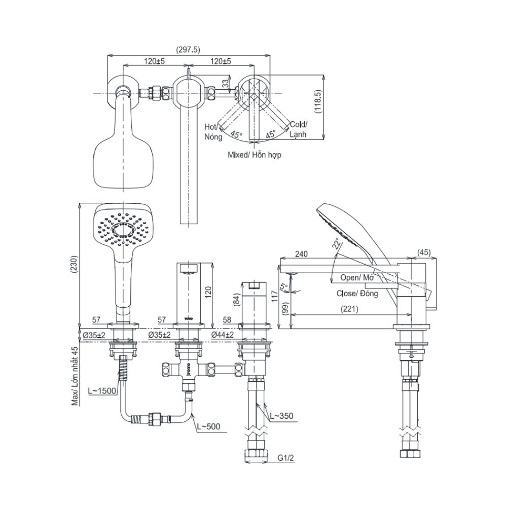 Vòi xả bồn tắm TOTO TBG153F0A nóng lạnh kèm tay sen