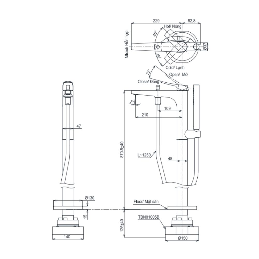 Vòi xả bồn tắm TOTO TBG163J0A/TBN01105B đặt sàn nóng lạnh (kèm đế)