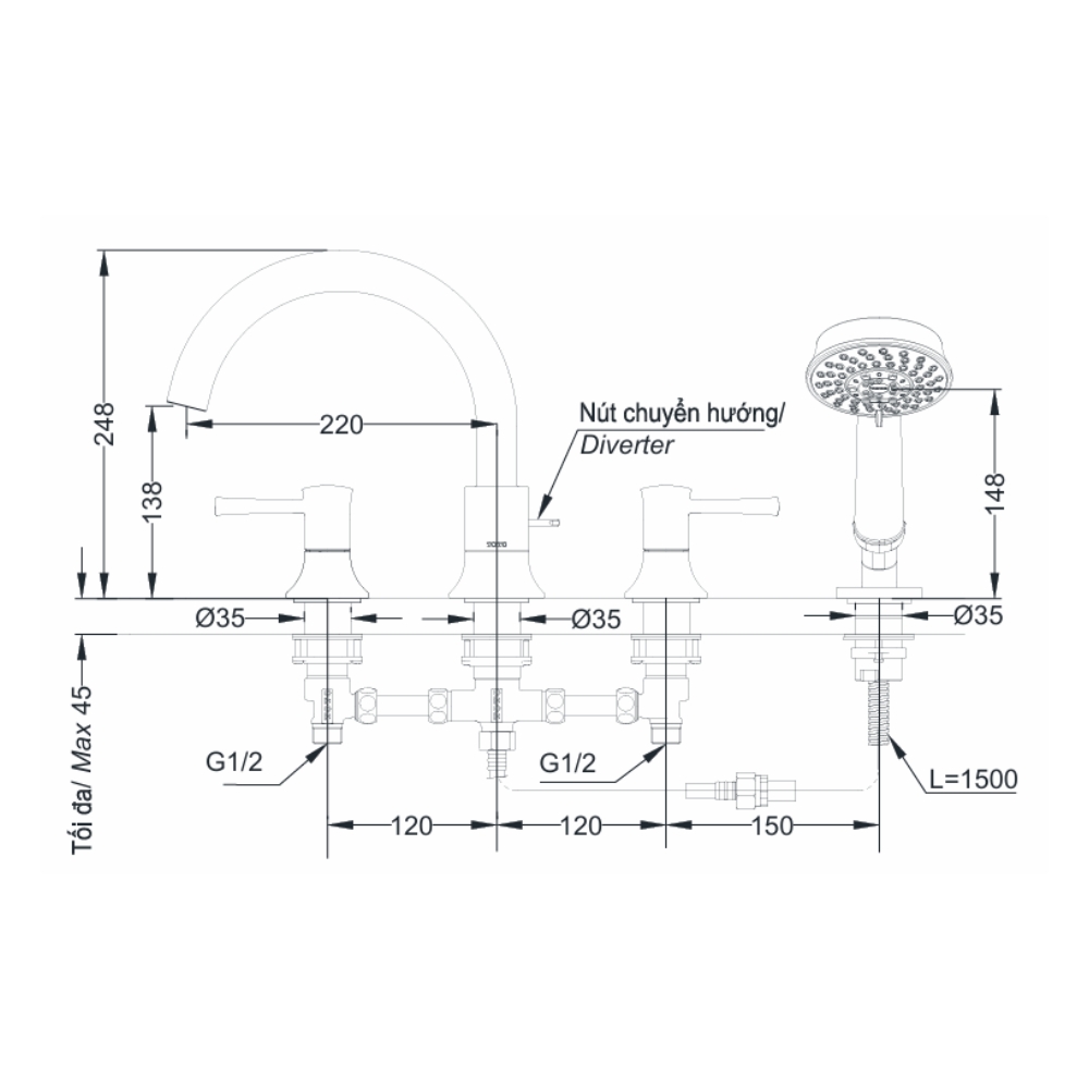 Vòi xả bồn tắm TOTO TBS02202BA nóng lạnh kèm tay sen