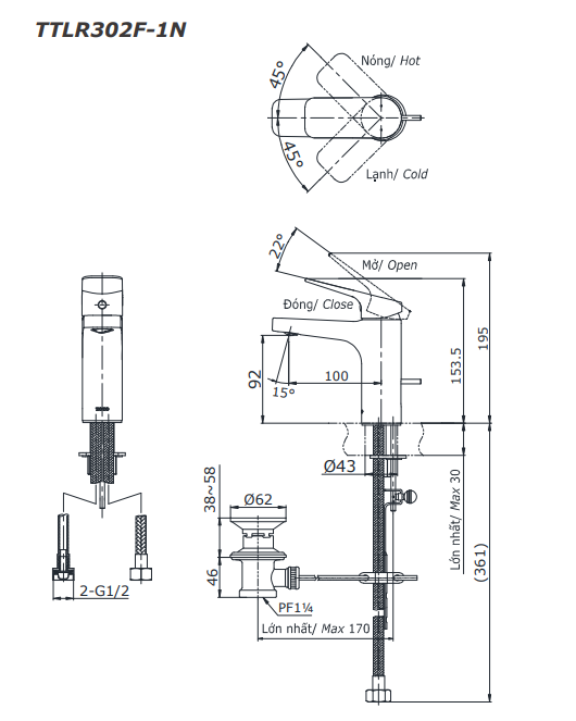Vòi lavabo nóng lạnh Rei-S TOTO TTLR302F-1NR