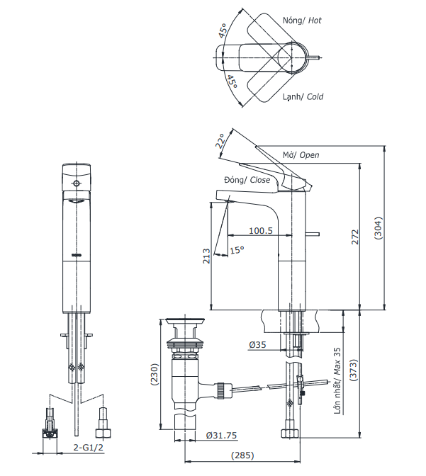 Bản vẽ kỹ thuật vòi Chậu Lavabo Nóng Lạnh TOTO TTLR302FV-1