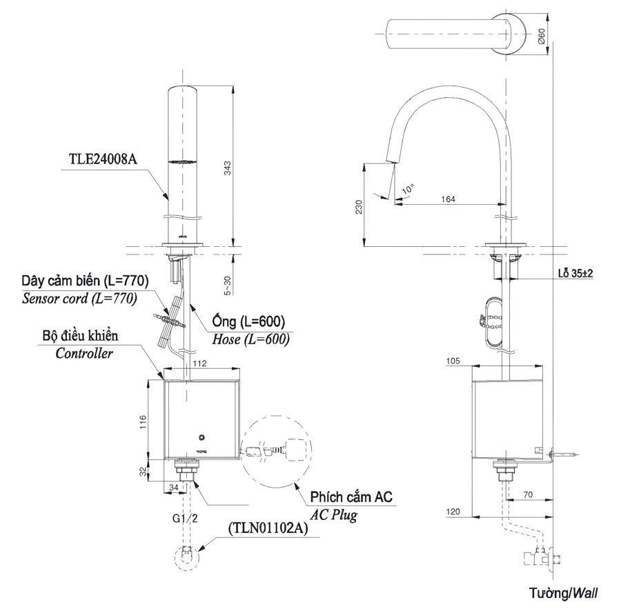 Bản vẽ vòi tự động TOTO TLE24008V