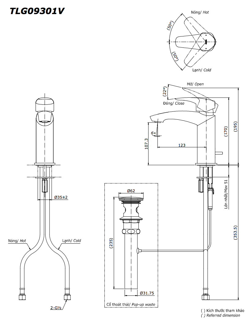 Vòi lavabo nóng lạnh GM TOTO TLG09301V