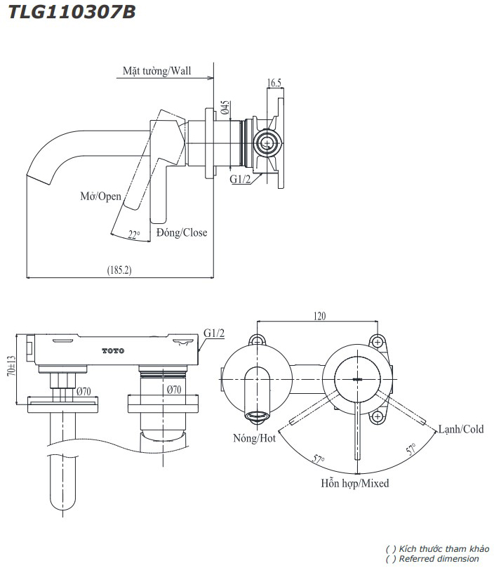 Vòi lavabo nóng lạnh gắn tường GF TOTO TLG11307BA (TLG11307B)