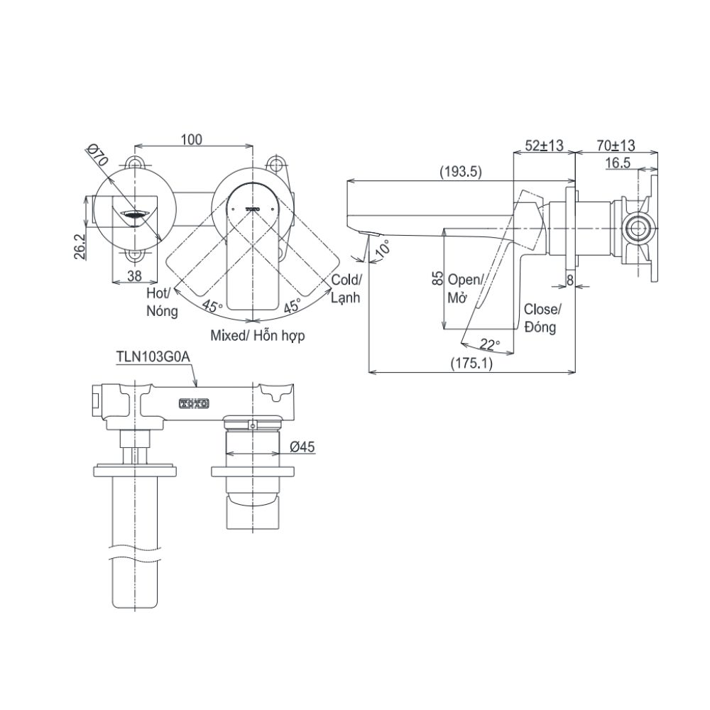 Vòi lavabo nóng lạnh gắn tường GT TOTO TLG13307A kèm van âm TLN103G0A