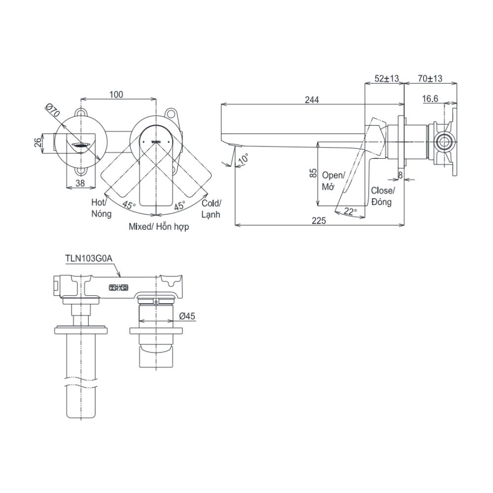Vòi lavabo nóng lạnh gắn tường GT TOTO TLG13308A