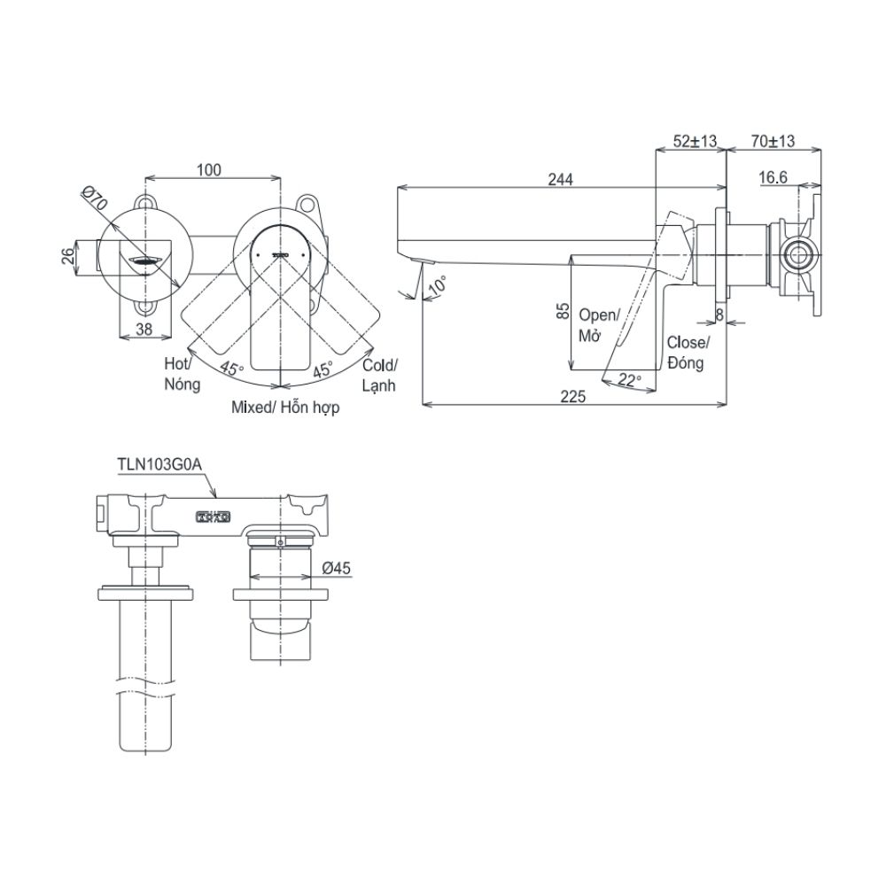 Vòi lavabo nóng lạnh gắn tường GT TOTO TLG13308A kèm van âm TLN103G0A
