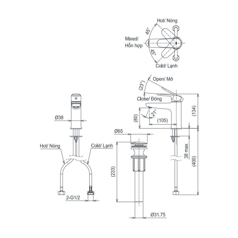 Vòi lavabo nóng lạnh TOTO TLS103A0V New Standard