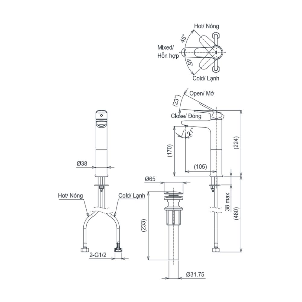 Vòi lavabo nóng lạnh TOTO TLS103C0V New Standard