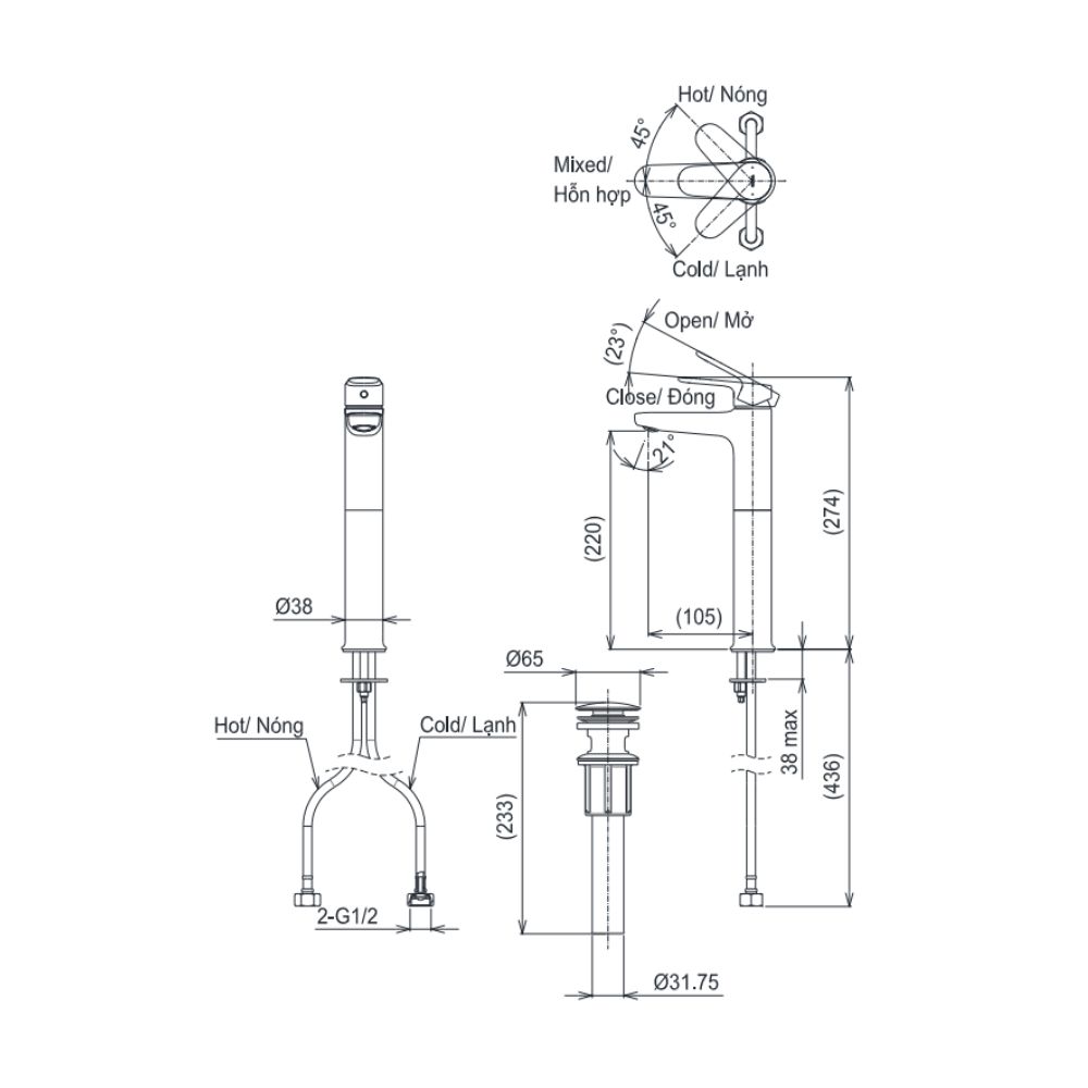 Vòi lavabo nóng lạnh TOTO TLS103E0V New Standard