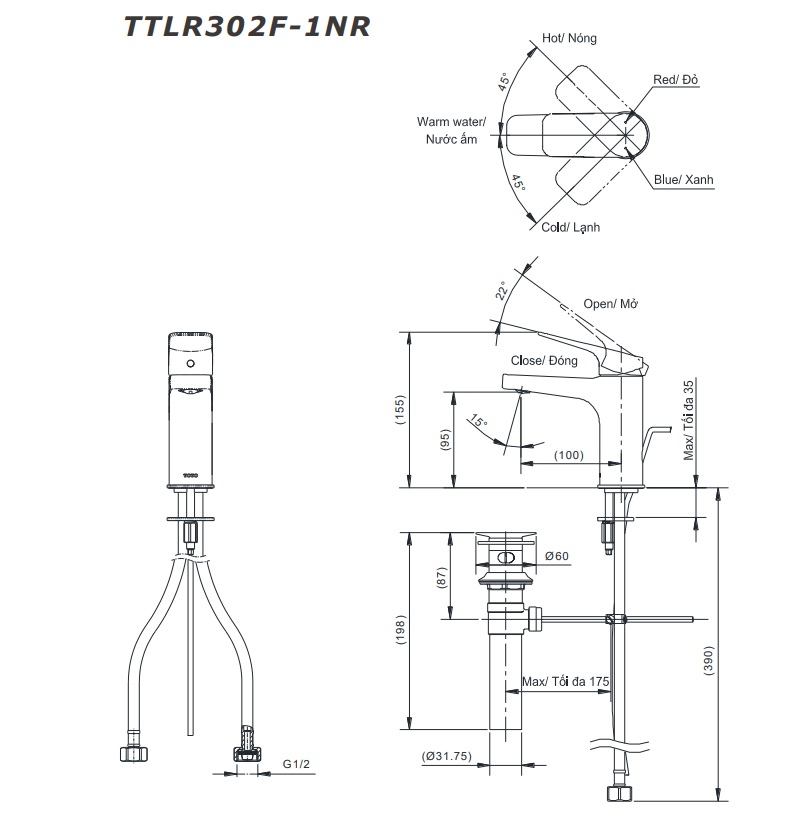 Vòi lavabo nóng lạnh Rei-S TOTO TTLR302F-1NR
