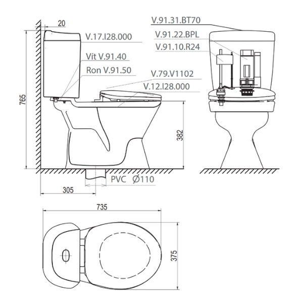 Bồn cầu 2 khối Viglacera VI28 nắp thường (+ lavabo VTL2)