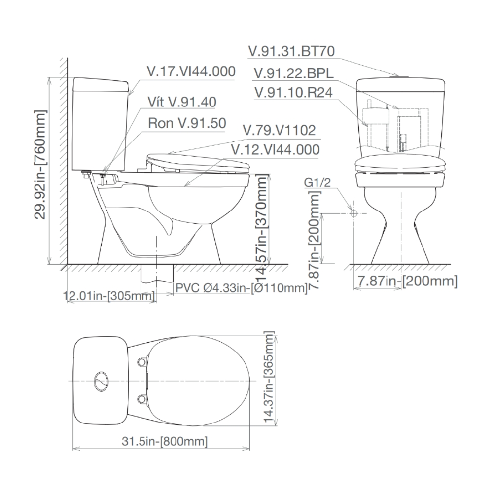 Bồn cầu 2 khối Viglacera VI44 nắp thường (+ lavabo VTL2)