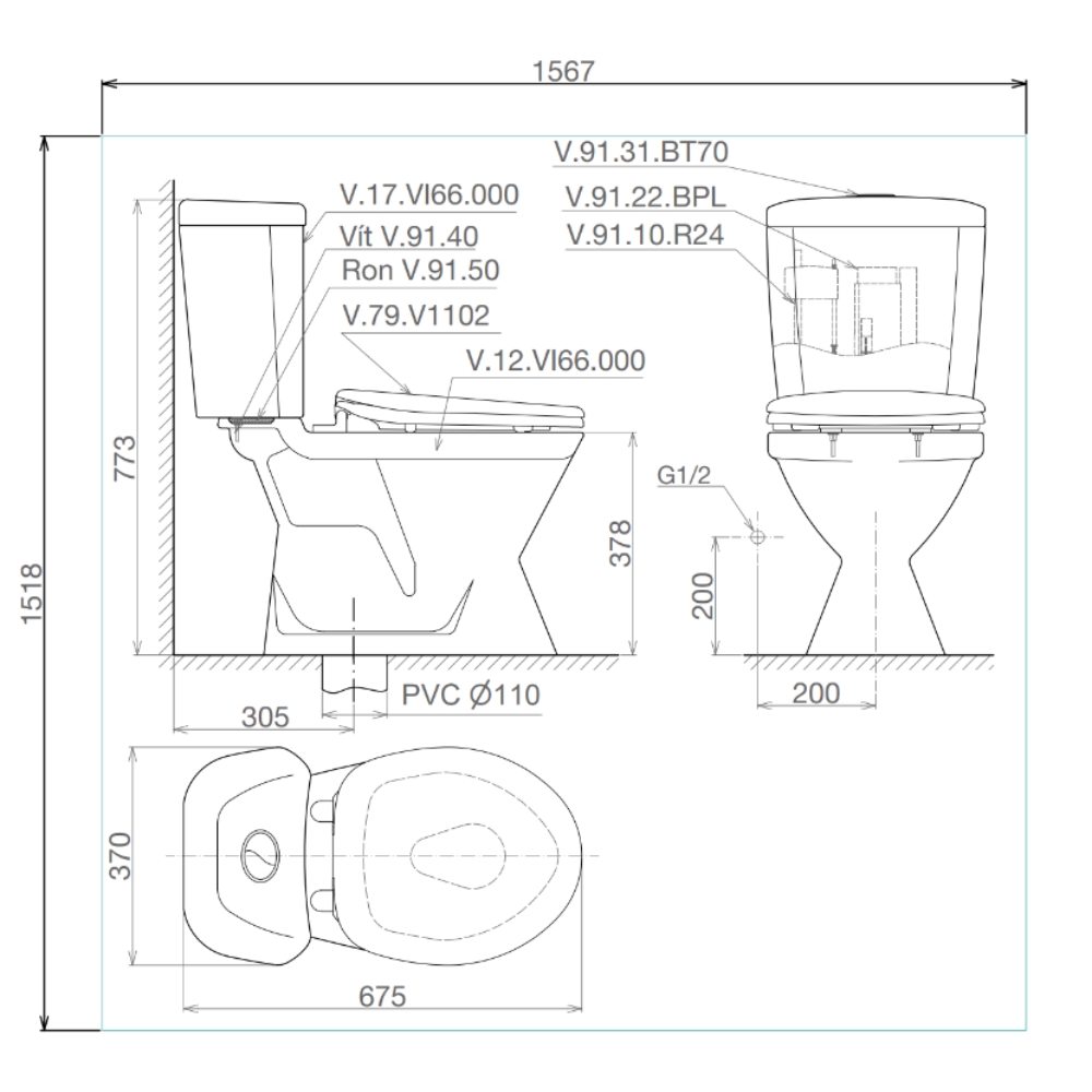 Bồn cầu 2 khối Viglacera VI66 nắp thường / nắp êm