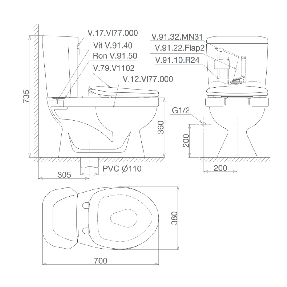 Bồn cầu 2 khối Viglacera VI77 nắp thường (+ lavabo VTL2)