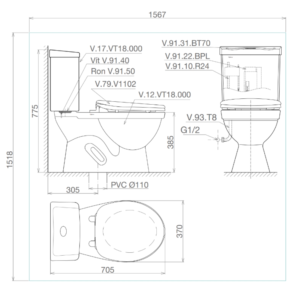 Bồn cầu 2 khối Viglacera VT18M nắp thường / nắp êm